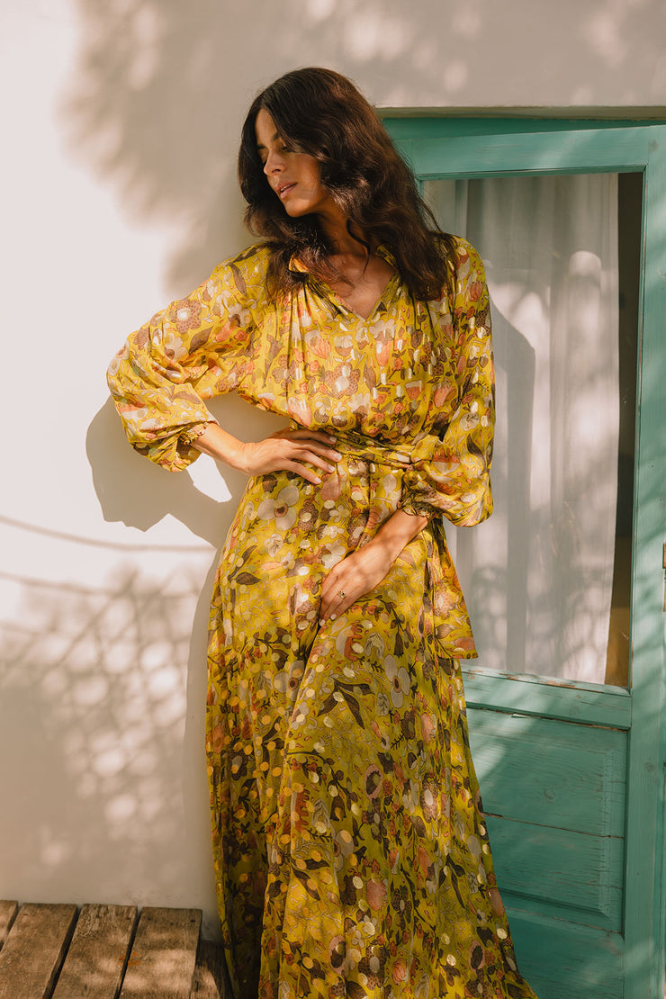 Raquel Frill Bea Peasant Maxi Dress Gold Jasmine / M/L Raquel Frill Bea Peasant Maxi Dress Gold Jasmine / M/L