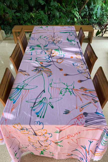 Mantel de lino- Aves del Paraíso Rosa